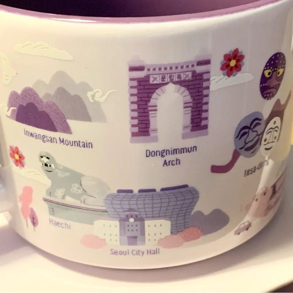 💜 Seoul, Starbucks Korea Mug w Purple & White. Featuring the popular landmarks